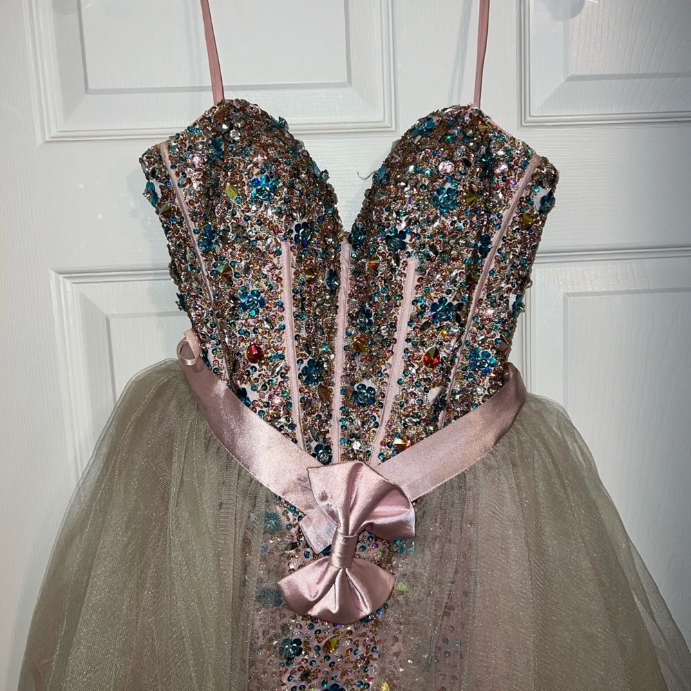 Terani Couture Spaghetti Strap Sequin Prom Dress with Pink Bow - Picture 6 of 8